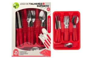 HM349 CONJ TALHERES 24 PCS CABO PLAST VERMELHA + 1 SUPORTE